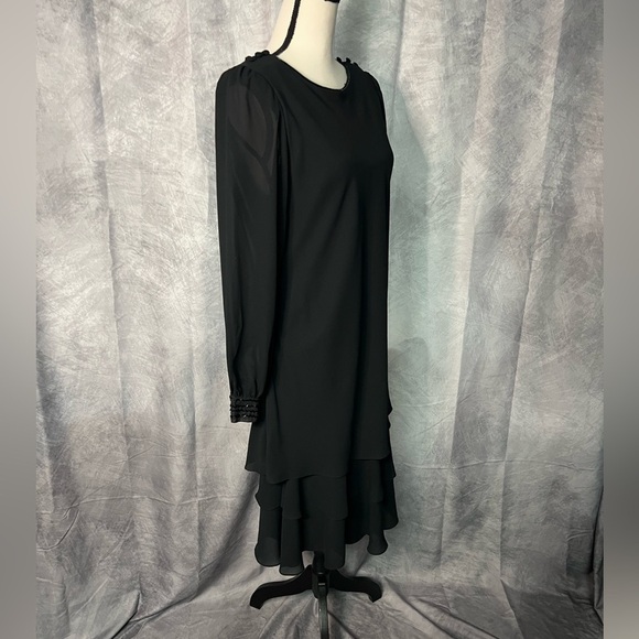 Monica Richards Vintage Elegant Black Layered Dress with Semi-Sheer Sleeves - Picture 4 of 11